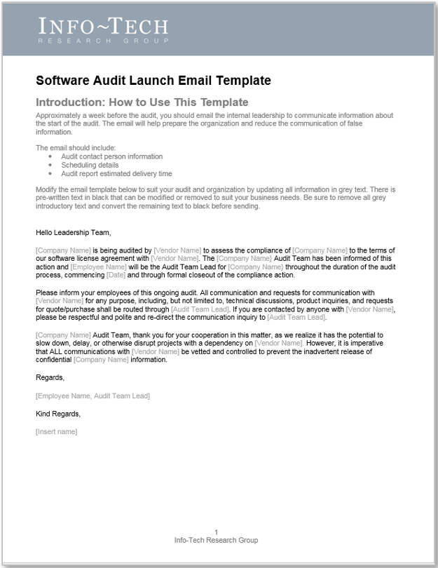 Sample of the 'Software Audit Launch Email Template'.