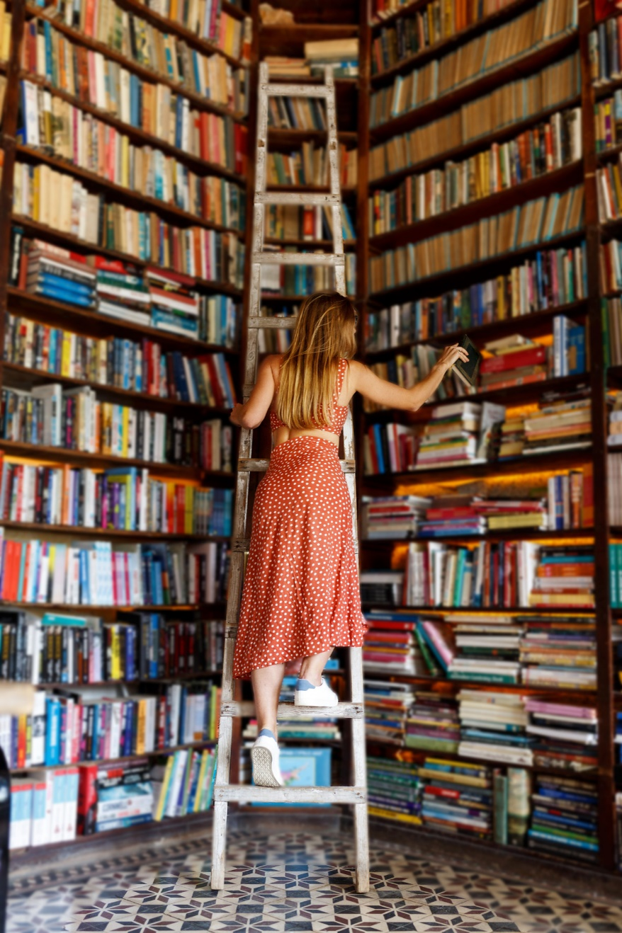 Stock image of a person on a ladder leaning against a bookshelf.