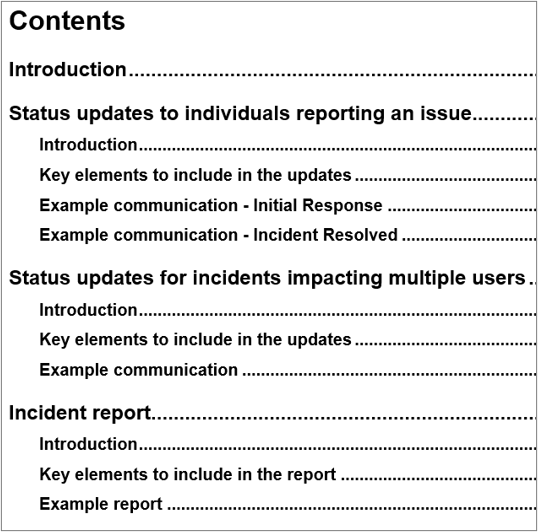 The image shows the table of contents for the Incident Status Updates and Incident Report Templates.