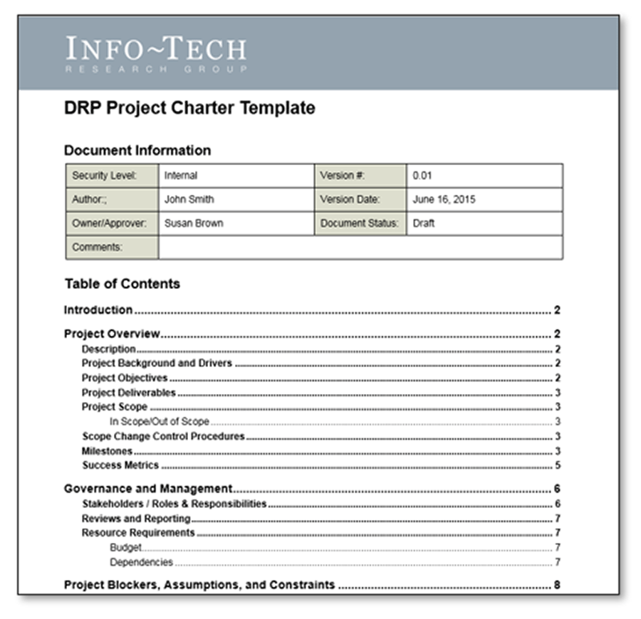 The image is a screenshot of the first page of the DRP Project Charter Template.