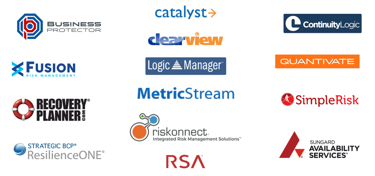 A partial list of BCM tool vendors, including: Business Protector, catalyst, clearview, ContinuityLogic. Fusion, Logic Manager, Quantivate, RecoveryPlanner.com, MetricStream, SimpleRisk, riskonnect, Strategic BCP - ResilienceONE, RSA, and Sungard Availability Services.