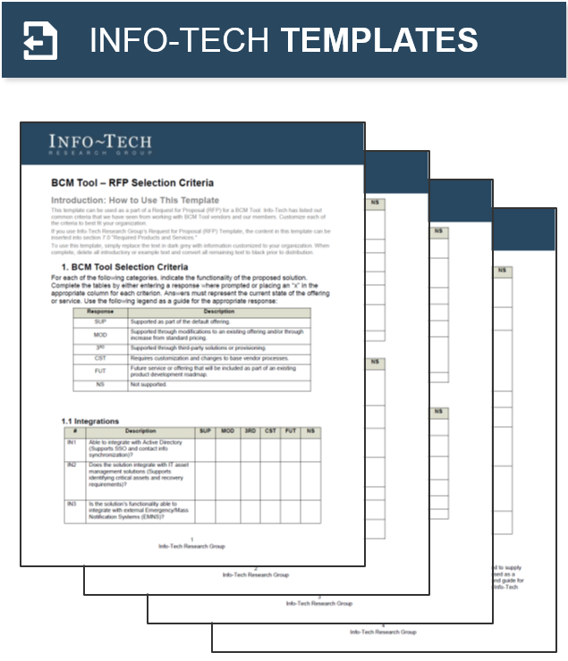 Preview of the Info-Tech template 'BCM Tool – RFP Selection Criteria'.