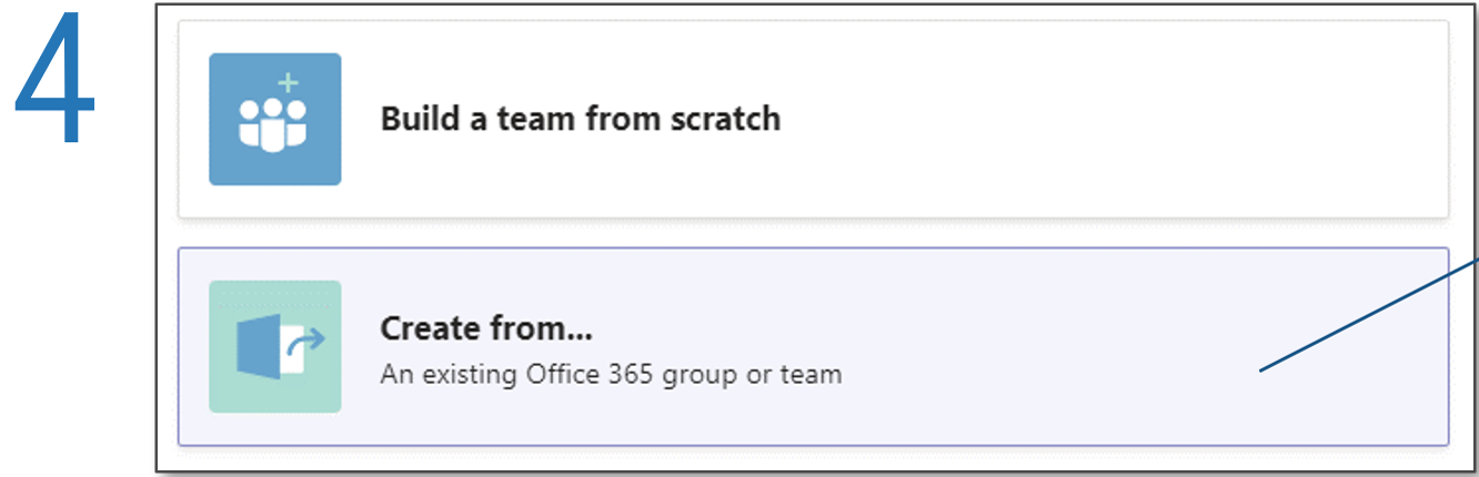 Screenshot detailing how to create a new team in Microsoft Teams, the step 4 starting point with an arrow pointing to the 'Create from...' button.