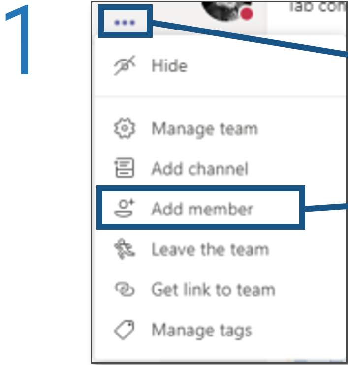 Screenshot detailing how to add team members in Microsoft Teams, step 1.
