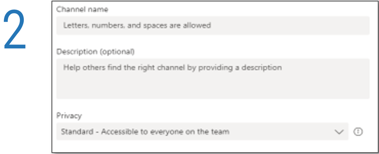 Screenshot detailing how to create a new channel in Microsoft Teams, step 2.