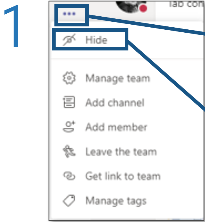Screenshot detailing how to hide and unhide teams in Microsoft Teams, step 1.