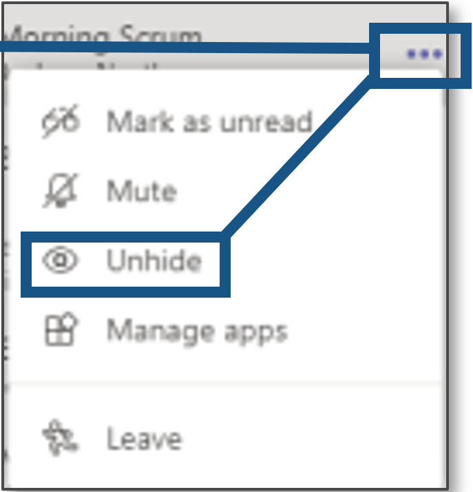 Screenshot detailing how to unhide a chat in Microsoft Teams.