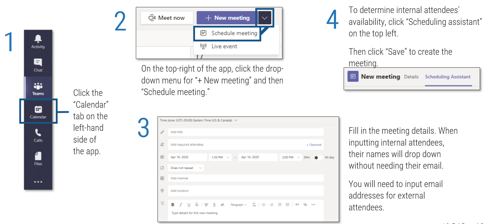 Screenshots detailing how to create a scheduled meeting in Microsoft Teams, steps 1 to 4. Step 1:'Click the “Calendar” tab on the left-hand side of the app'. Step 2: 'On the top-right of the app, click the drop-down menu for “+ New meeting” and then “Schedule meeting.”' Step 3: 'Fill in the meeting details. When inputting internal attendees, their names will drop down without needing their email. You will need to input email addresses for external attendees'. Step 4: 'To determine internal attendees’ availability, click “Scheduling assistant” on the top left. Then click “Save” to create the meeting'.