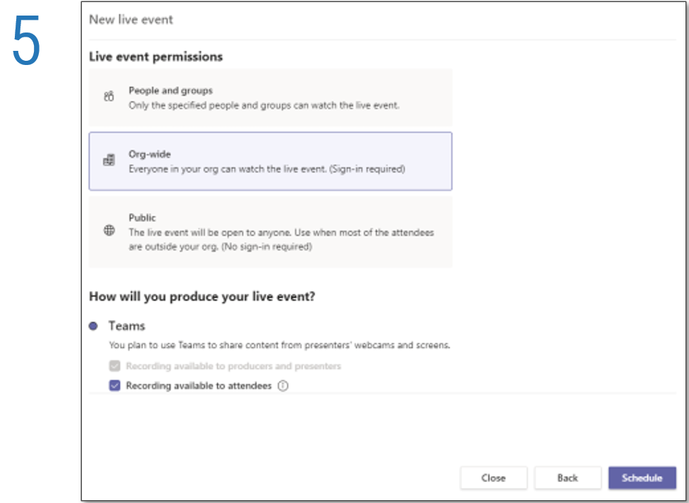 Screenshot detailing how to create a live event in Microsoft Teams, step 5.