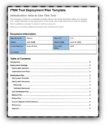 The image contains a screenshot of the ITSM Tool Deployment Plan Template.