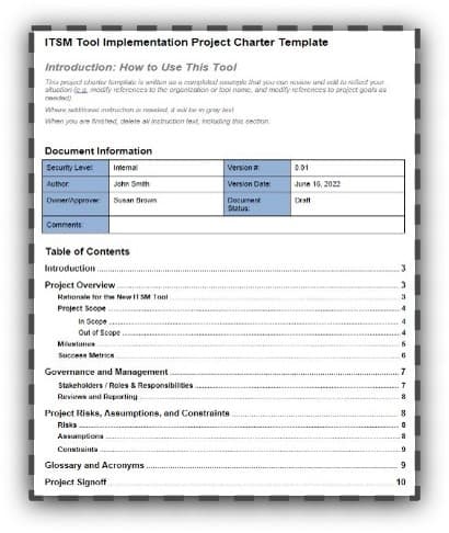 The image contains a screenshot of the ITSM Tool Project Charter Template.