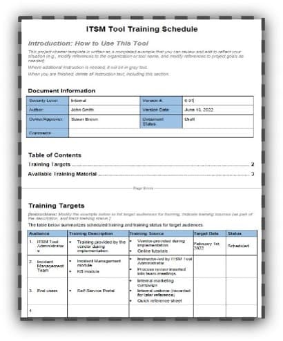 The image contains a screenshot of the ITSM Tool Training Schedule.