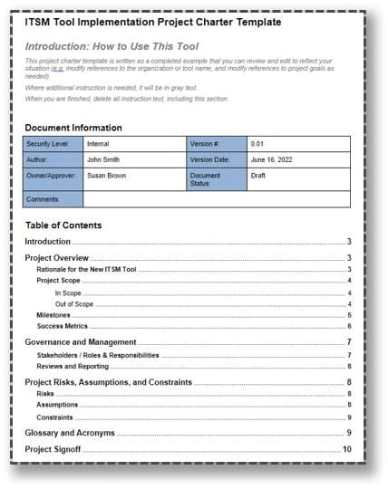 The image contains a screenshot of the Project Charter Template.