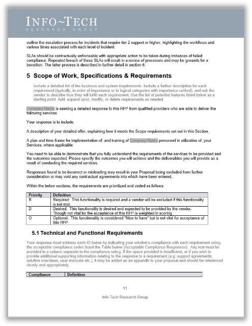 This is a screenshot of the Service Desk Outsourcing RFP Template.