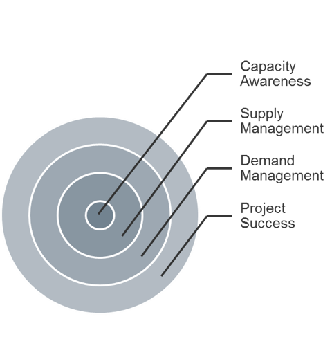 The image shows a series on concentric circles, labelled (from the inside out): Capacity Awareness; Supply Management; Demand Management; Project Success.
