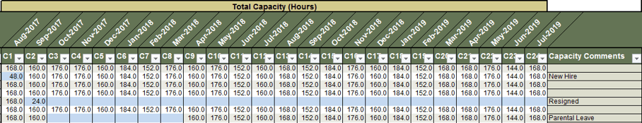 The image shows a screenshot of the total capacity in work-hours, with sample info filled in.