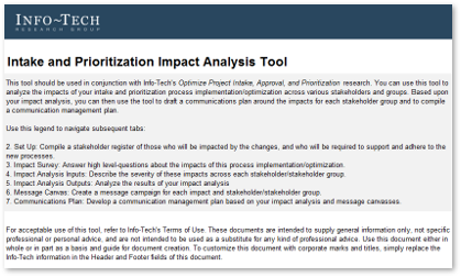 A screenshot of Info-Tech's Intake and Prioritization Impact Analysis Tool is shown.