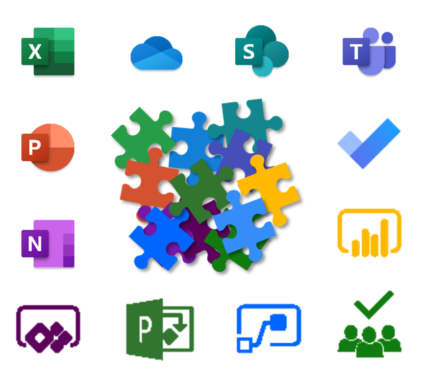 A colourful arrangement of Microsoft programs arranged around a pile of puzzle pieces.