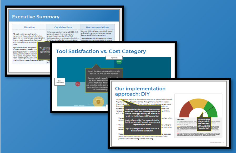 Samples of Info-Tech's key deliverable 'Microsoft Project and M365 Action Plan Template'.