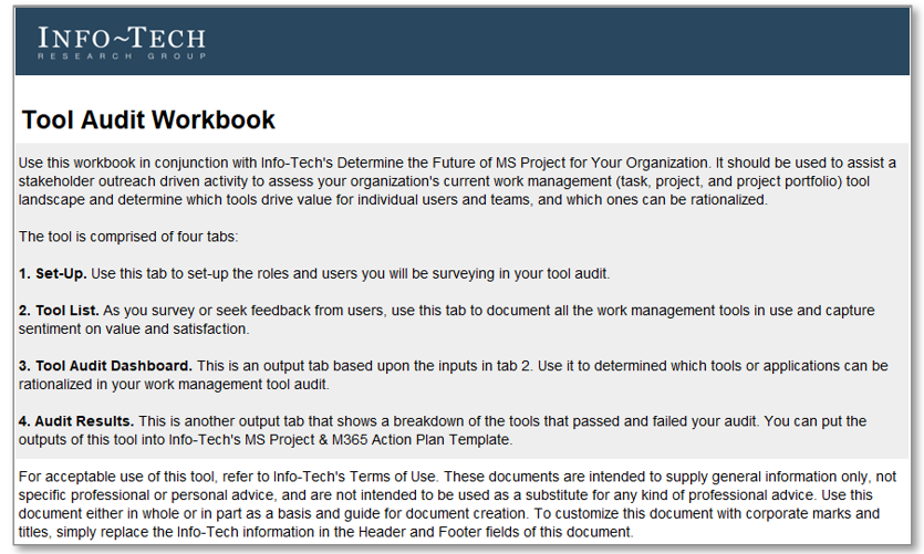 Sample of Info-Tech's Tool Audit Workbook.