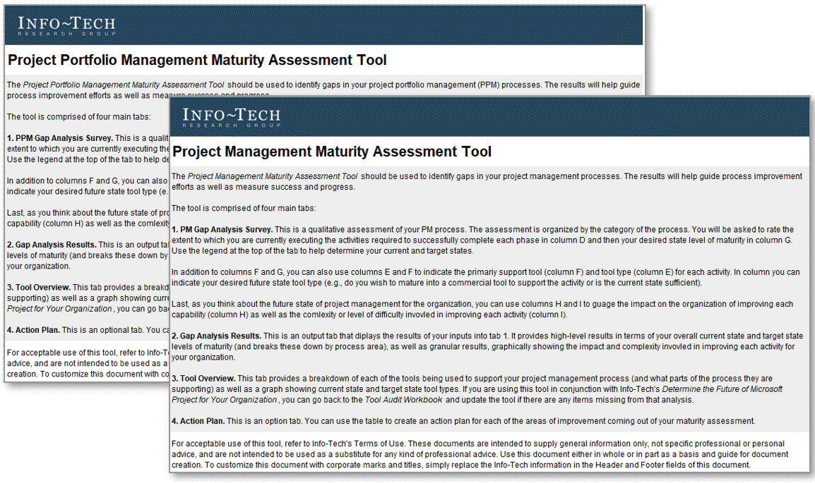 Samples of Info-Tech's Project Portfolio Management Maturity Assessment Tool and Project Management Maturity Assessment Tool.