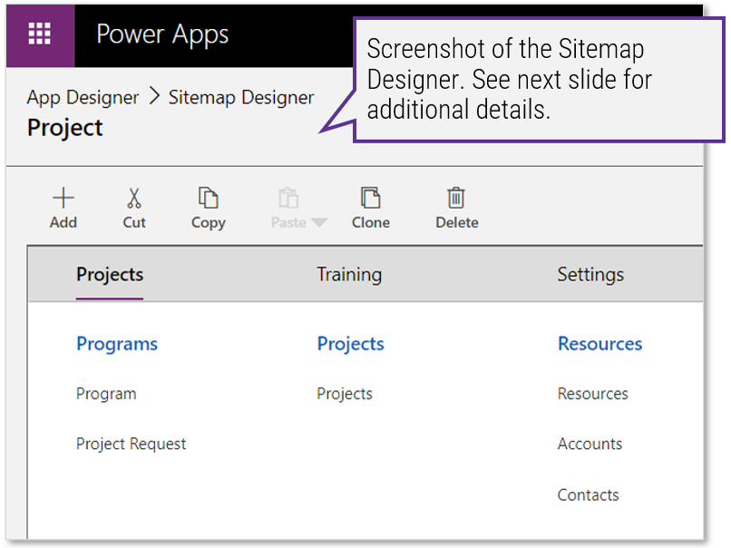Screenshot of the 'Sitemap Designer' in 'Power Apps'.