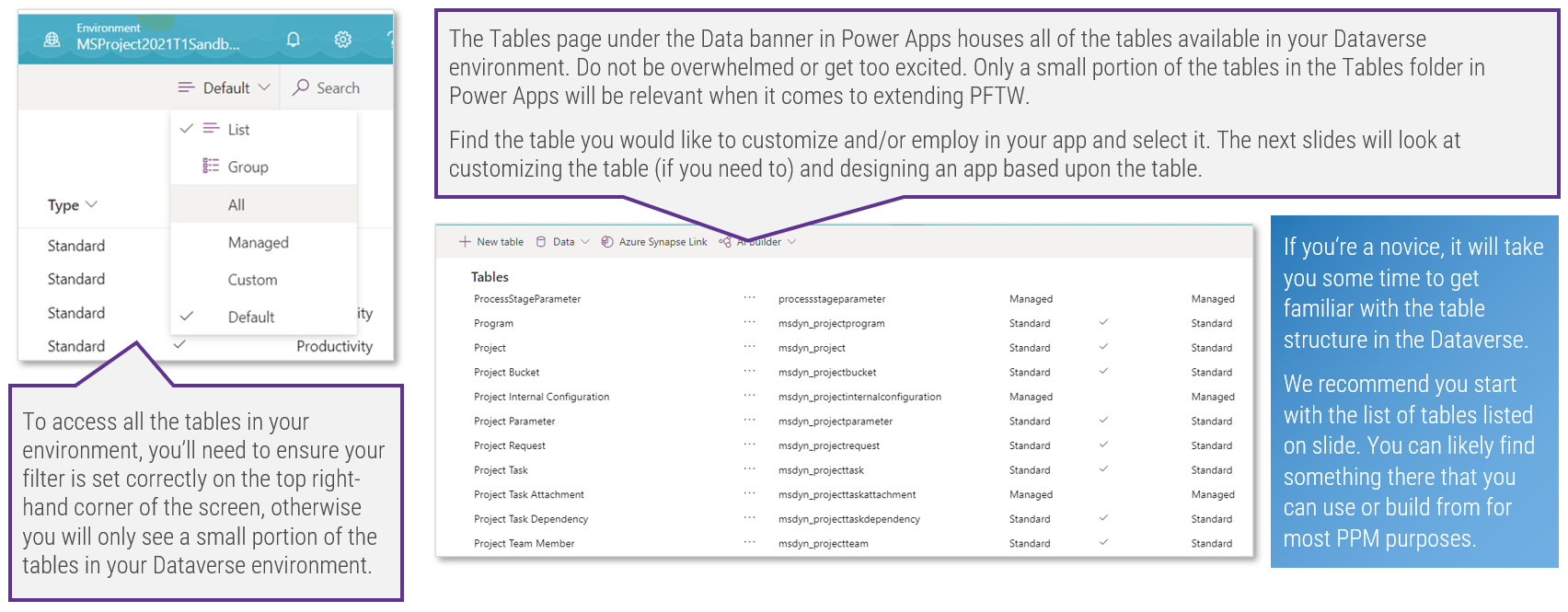 Screenshots of the tables search screen and the 'Tables' page under the 'Data' banner in 'Power Apps'.