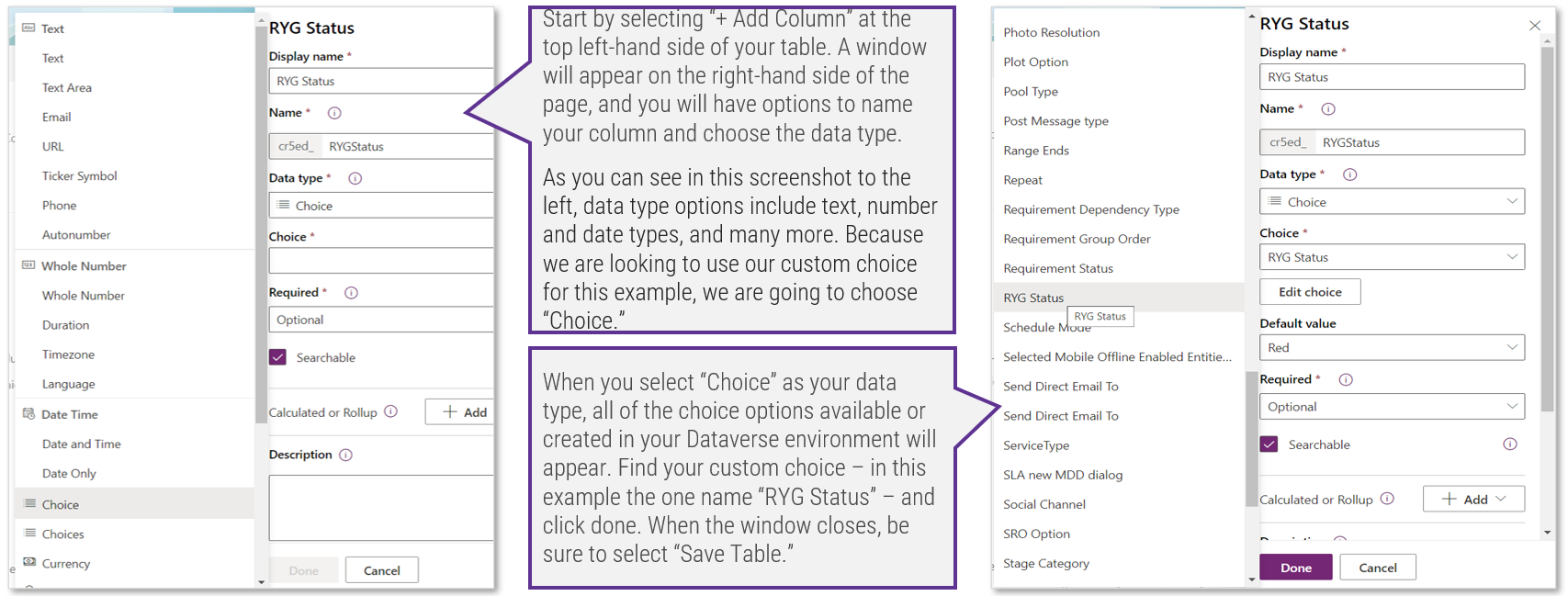 Screenshots of the pop-up window that appear when you click '+Add Column', and details of what happens when you select the data type 'Choice'.