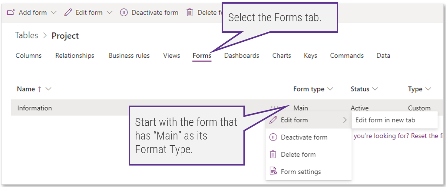 Screenshot of the 'Forms' tab, open in the 'msdyn_project' table in 'Power Apps'.