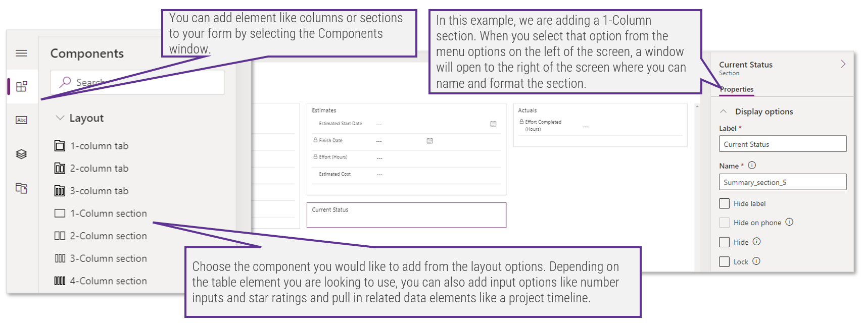 Screenshot of the 'Components' window in 'Power Apps' with a list of layouts as a window to the right of the main screen where you can name and format the chosen layout.