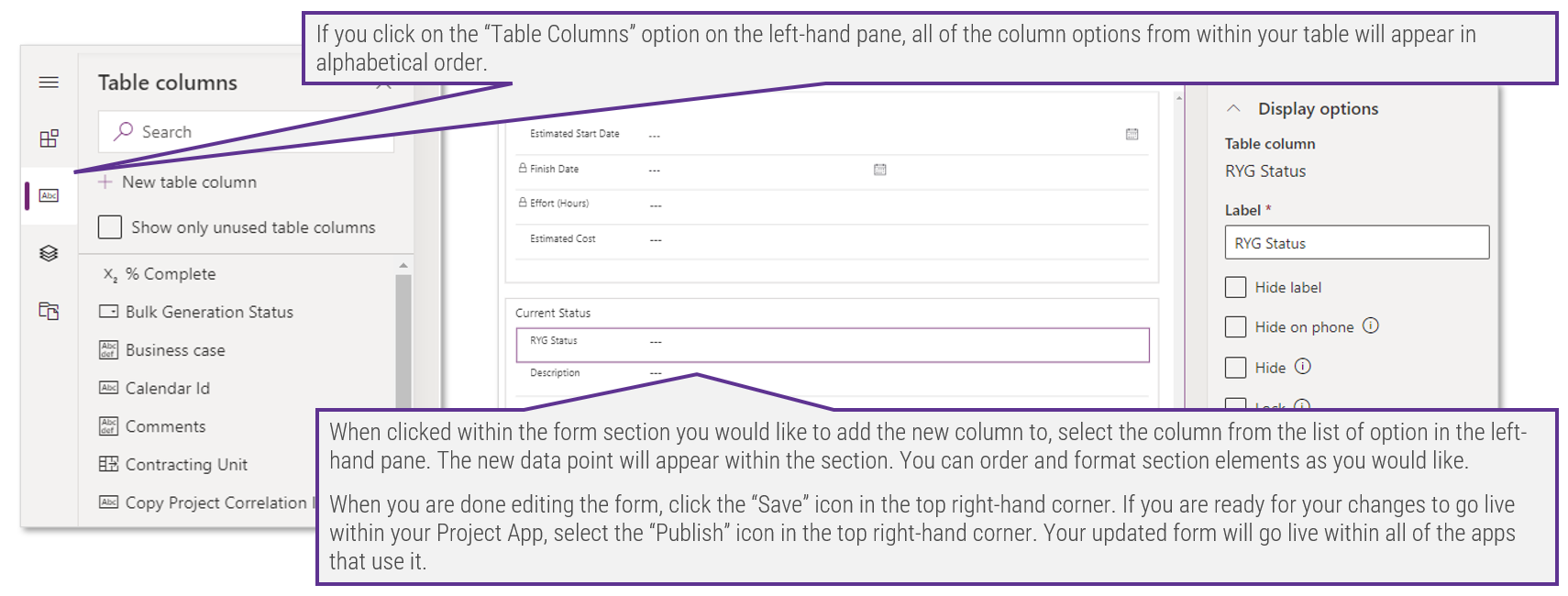 Screenshot of the 'Table Columns' window in 'Power Apps' and instructions for adding table columns.