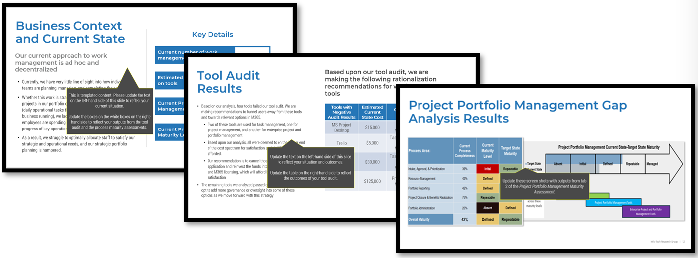 Screenshots of 'Business Context and Current State' screen from the 'Force Field Analysis Tool', the 'Tool Audit Results' screen from the 'Tool Audit Workbook', and the 'Project Portfolio Management Gap Analysis Results' screen from the 'PM and PPM Maturity Assessments Tool'.