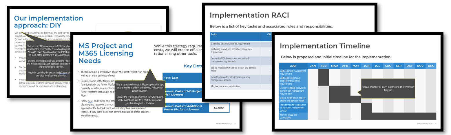 Screenshots from the 'Microsoft Project and M365 Action Plan Template' outlining the 'DIY Implementation Approach'.