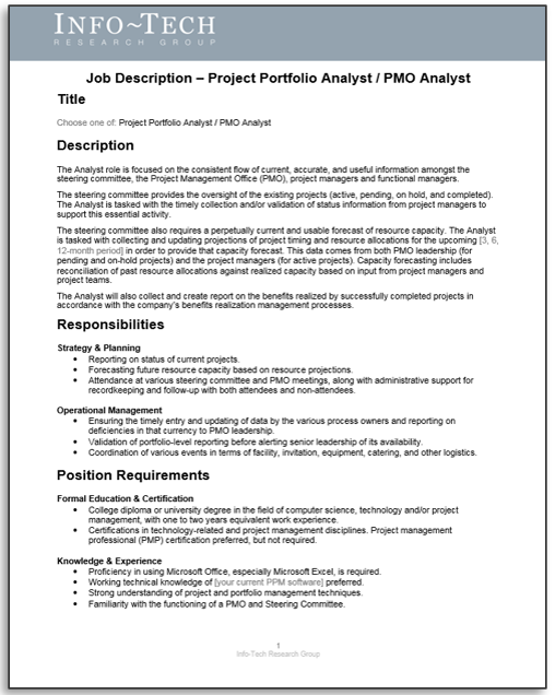 Sample of Info-Tech's Project Portfolio Analyst Job Description Template.