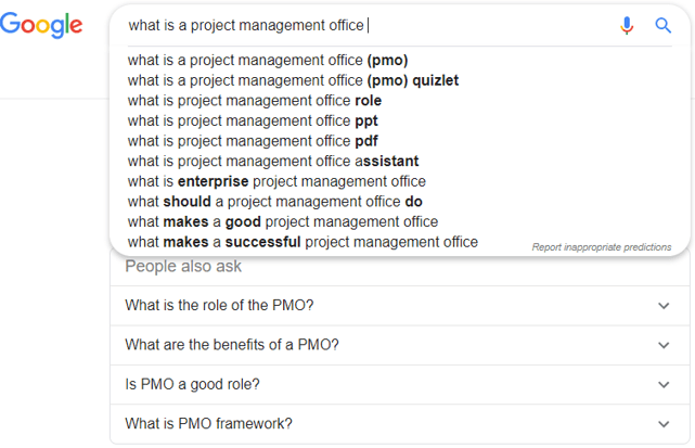 Screenshot of a Google search for 'what is a project management office'.
