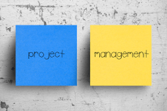Stock photo of two sticky notes reading 'project' and 'management'.