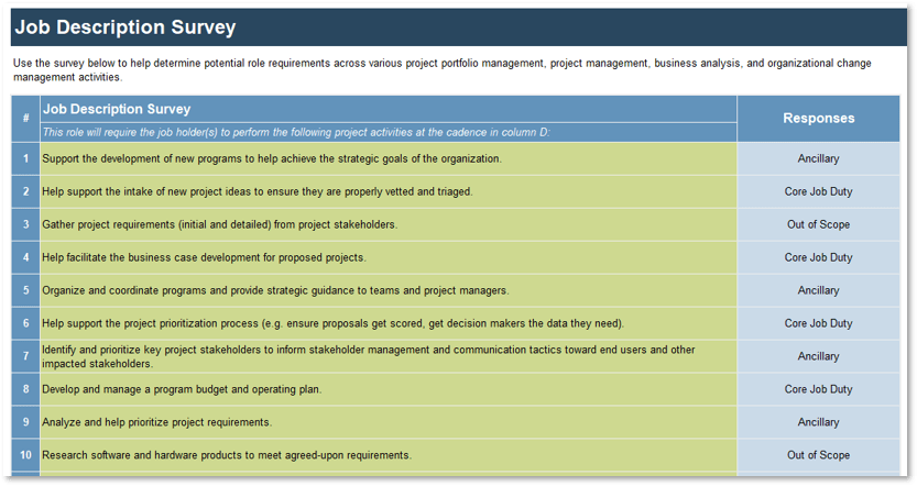 Sample of the Job Description Survey with questions and responses.