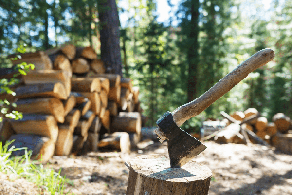Stock photo of an axe stuck in a piece of wood.