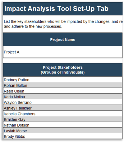 Sample of the Impact Analysis Tool Set-Up Tab. There is a space for 'Project Name' and a list of 'Project Stakeholders'.