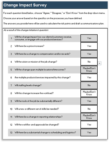 Sample of the Change Impact Survey on tab 3 of the Impact Analysis Tool.