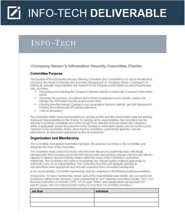 Sample of the Info-Tech deliverable 'Information Security Steering Committee Charter Template'.