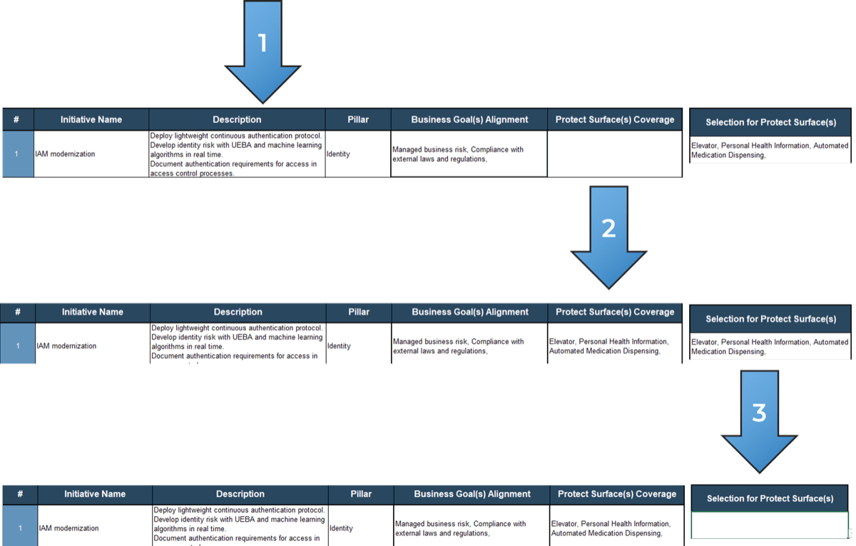 This image contains a screenshot from the Zero Trust Program Gap Analysis Tool, with the following column headings numbered: 1: Description; 2: Protect Surfaces Covered; 3: Selection for Protect Surfaces