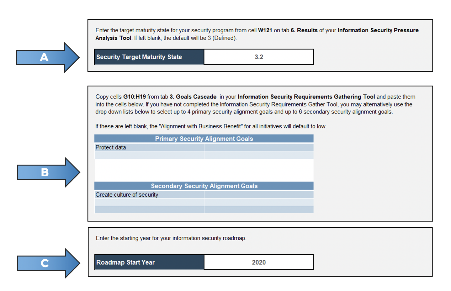 A screenshot showing the ‘Setup’ tab of the ‘Information Security Gap Analysis Tool.’