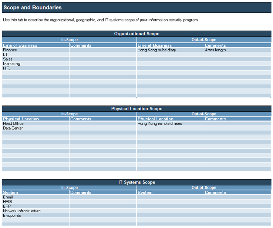 A screenshot of ‘Scope and Boundaries,’ part of the ‘Information Security Requirements Gathering Tool.’