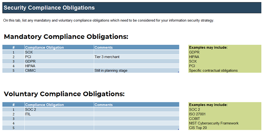A screenshot of ‘Security Compliance Obligations,’ part of the ‘Information Security Requirements Gathering Tool.’