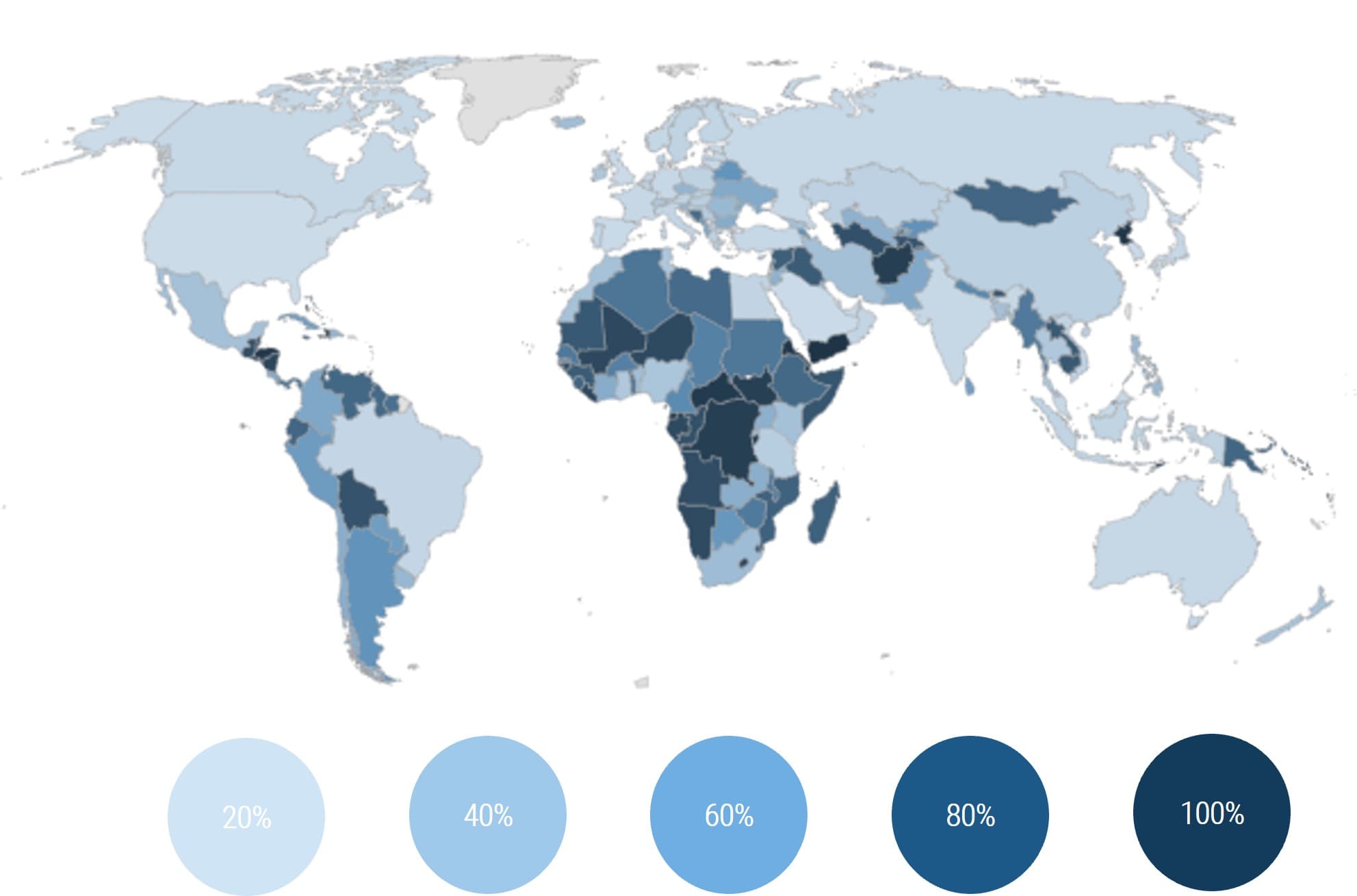 The image contains a picture of the world map that has certain areas of the map highlighted in various shades of blue based on scores in relation to the Global Security Index.