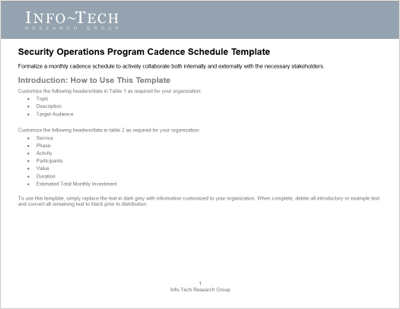 Sample of Info-Tech's Security Operations Program Cadence Schedule Template.