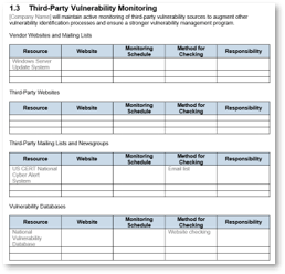 Sample of the Third Party Vulnerability Monitoring tables from the Vulnerability Management SOP Template.
