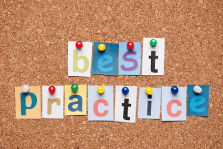 Stock photo of a cork board with 'best practice' spelled out by tacked bits of paper, each with a letter in a different font.
