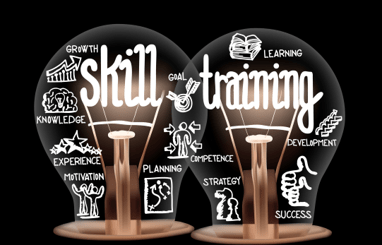 Image of two lightbulbs labeled 'skill training' with multiple other buzzwords on the glass.